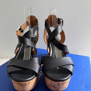Ralph Lauren Collection Black Leather Criss Cross Cork Wedge Platform Sandals-39